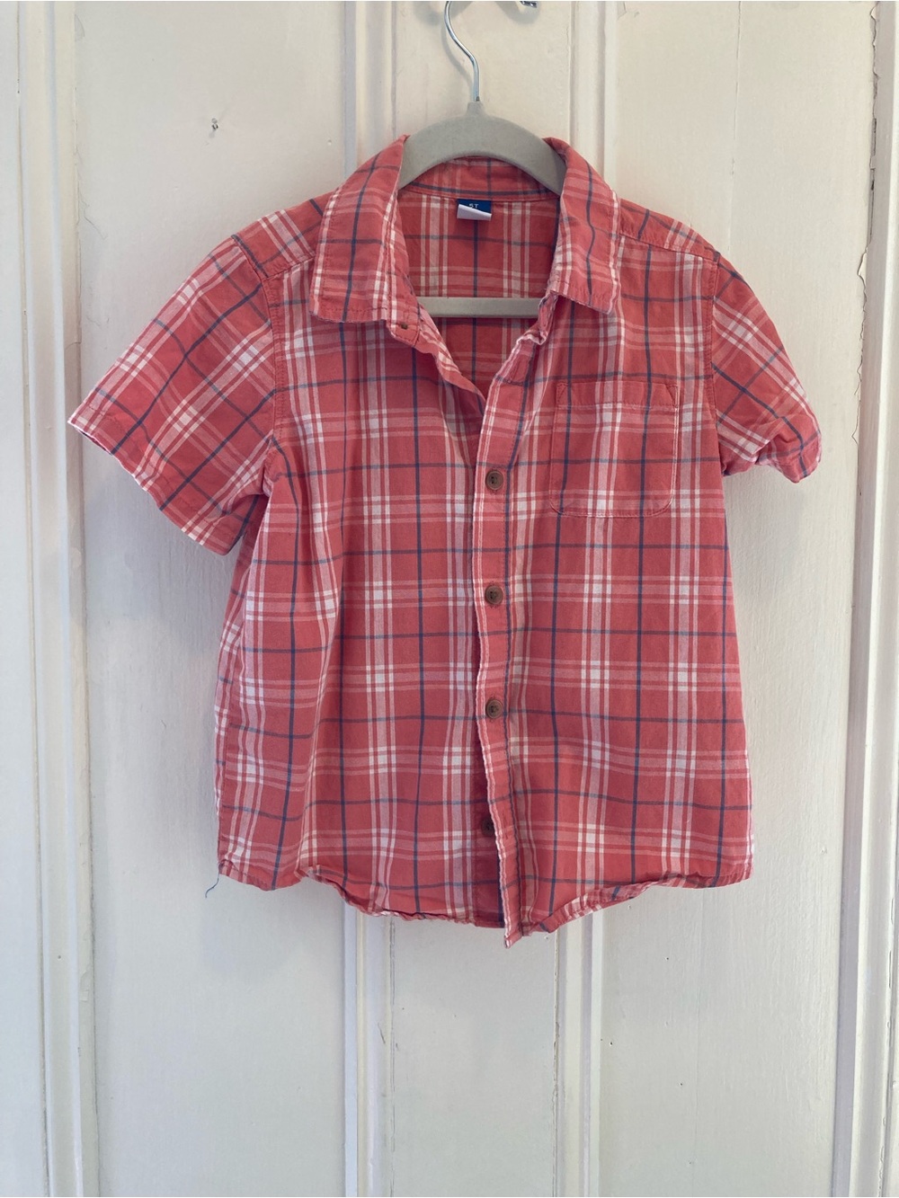 3 for $20 Old Navy Kids Coral Plaid Short-Sleeve Button-Down Shirt